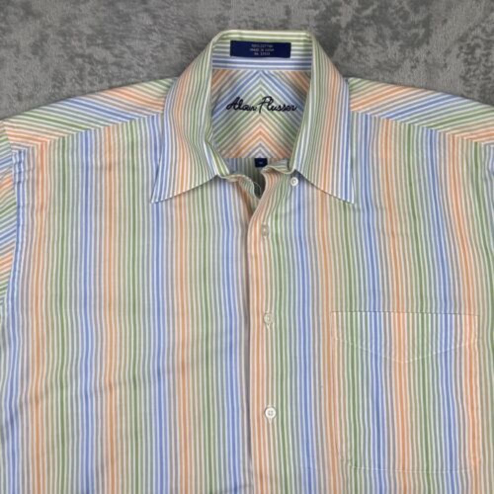Alan Flusser Mens Medium 100% Cotton Rainbow Striped Short Sleeve Shirt